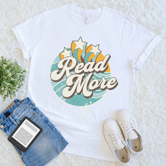 white t-shirt with retro “Read More” graphic and vintage stars
