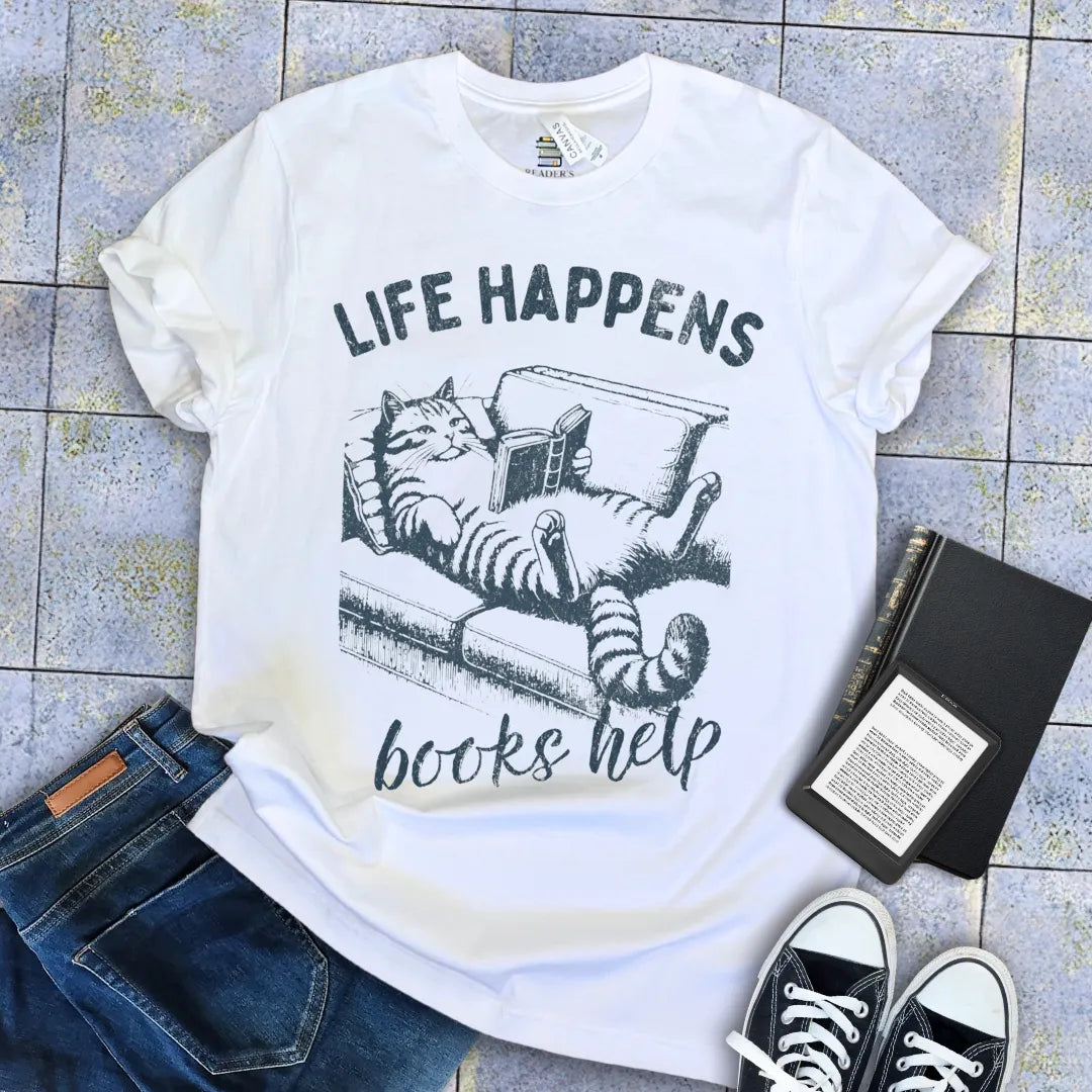Life Happens, Books Help – Vintage Couch Cat Tee