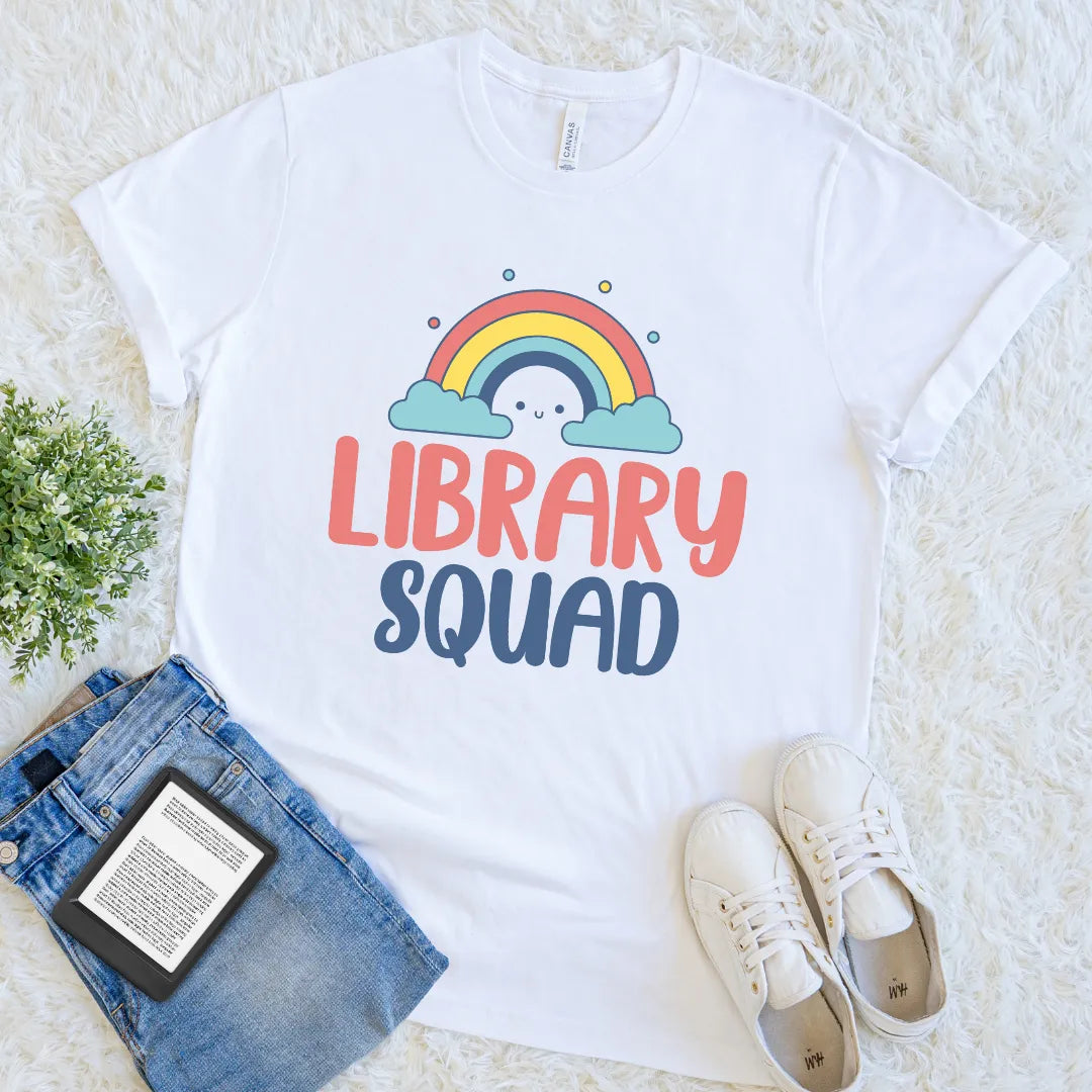 Funny library-themed T-shirt with playful design and typography
