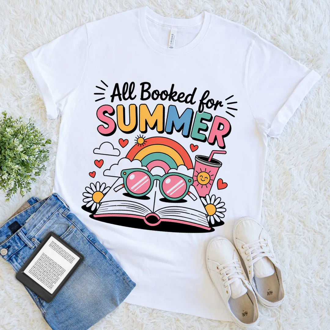 booked for summer tee with rainbow and book