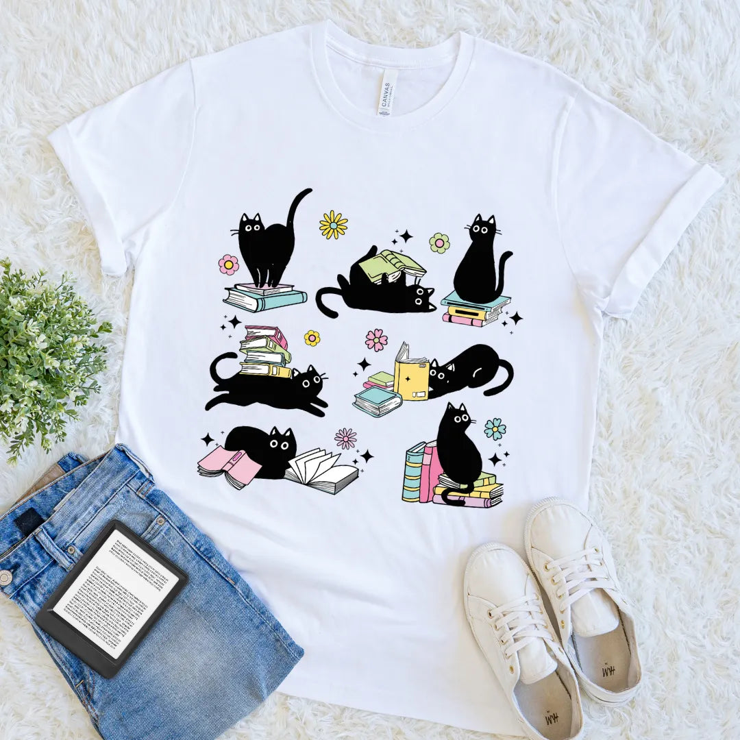 White funny cat book shirt for bookworms and readers