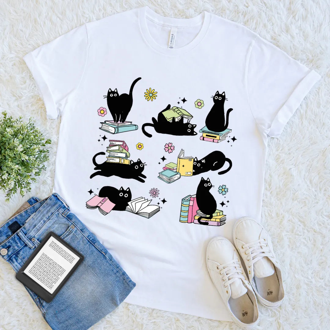 pastel cat and book t-shirt for introverts