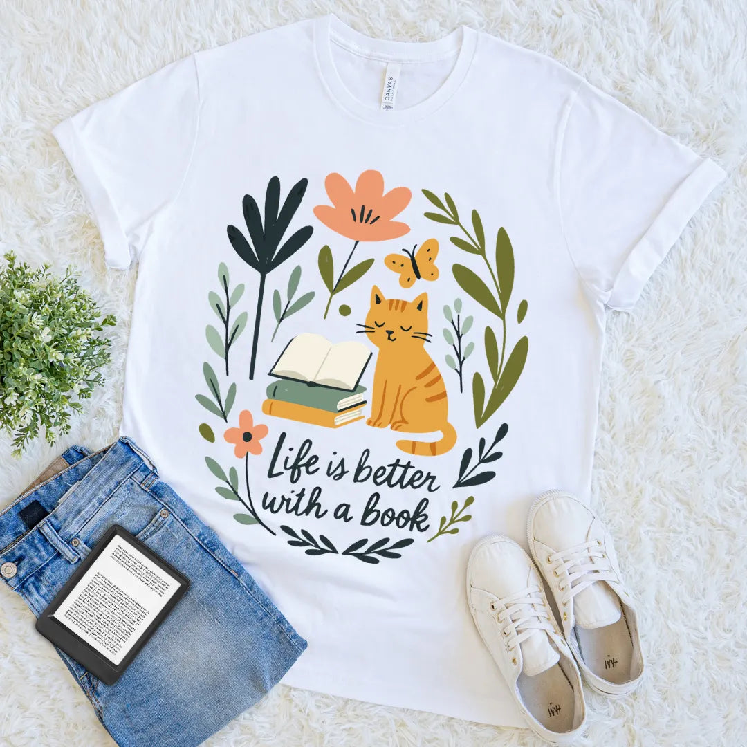 life is better with a book shirt – cottagecore style with cat