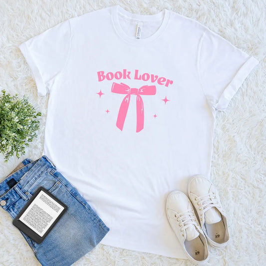 pastel pink book lover shirt with bow