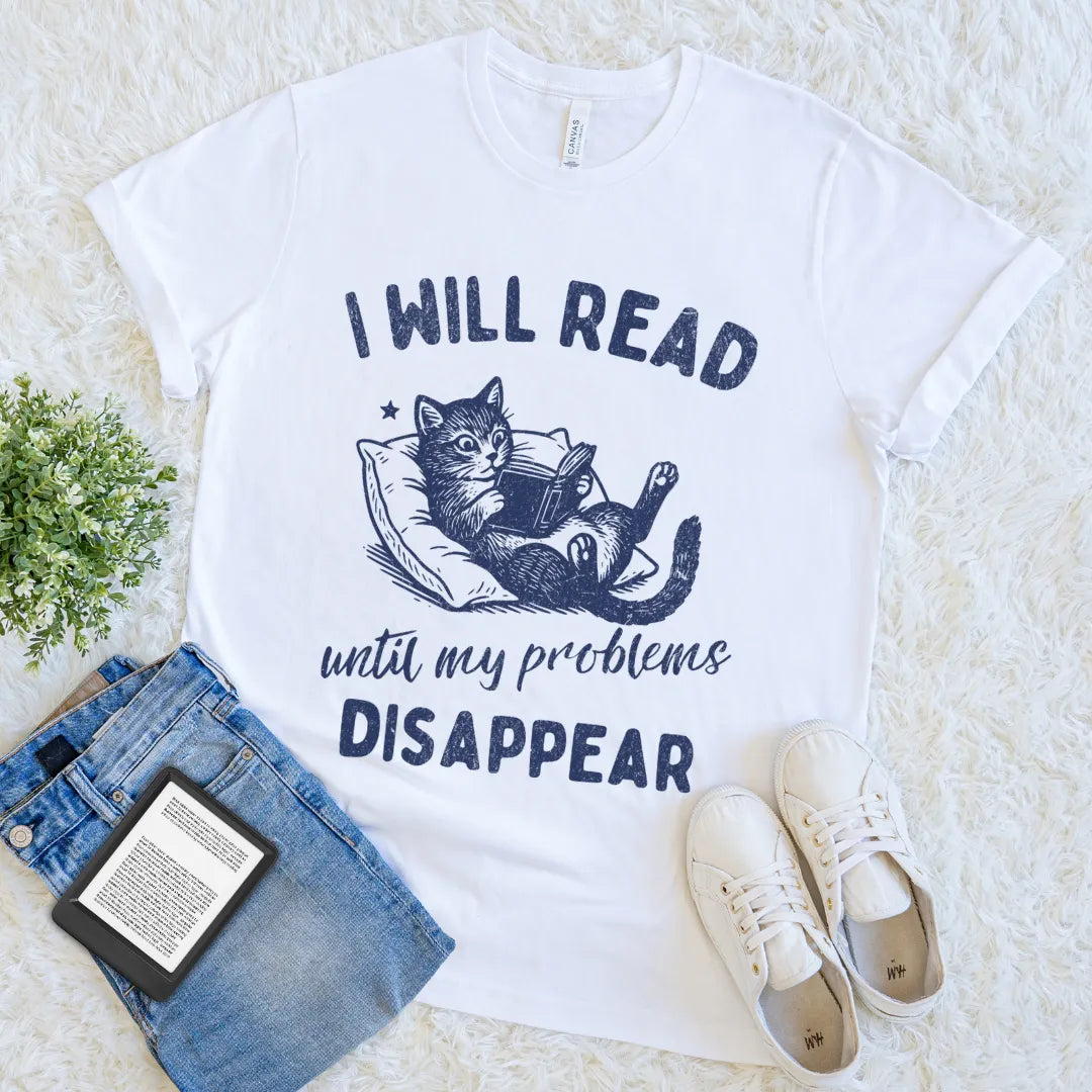 Cute vintage cat book shirt for bookworms and readers in white