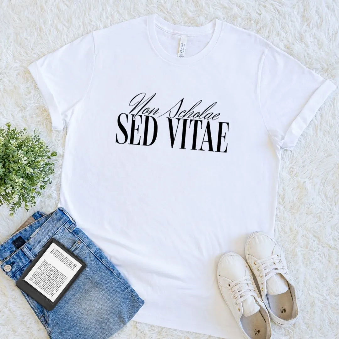White soft cotton minimalist t-shirt with classical latin quote in elegant typography