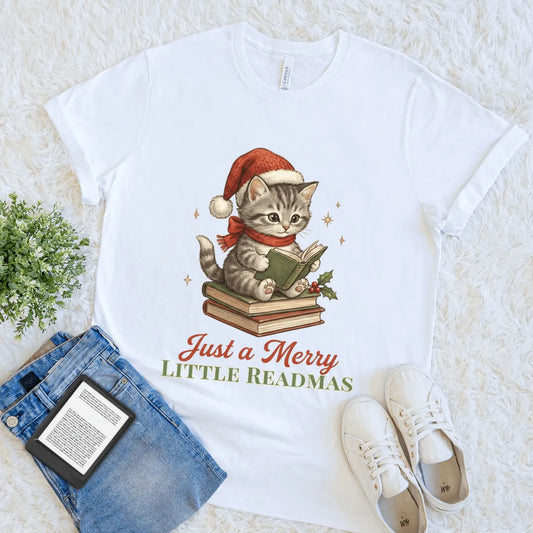 White soft cotton Holiday-themed book lover tee featuring vintage cat illustration and "just a merry little bookmas" quote