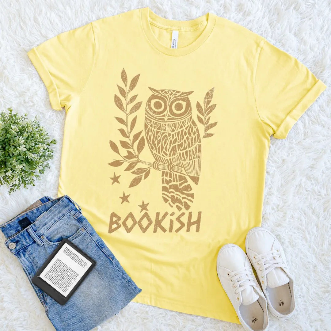 book lover t shirt with owl bookish literary illustration on yellow soft cotton