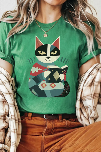 Woman wearing cozy literary t shirt with bold geometric reading cat design