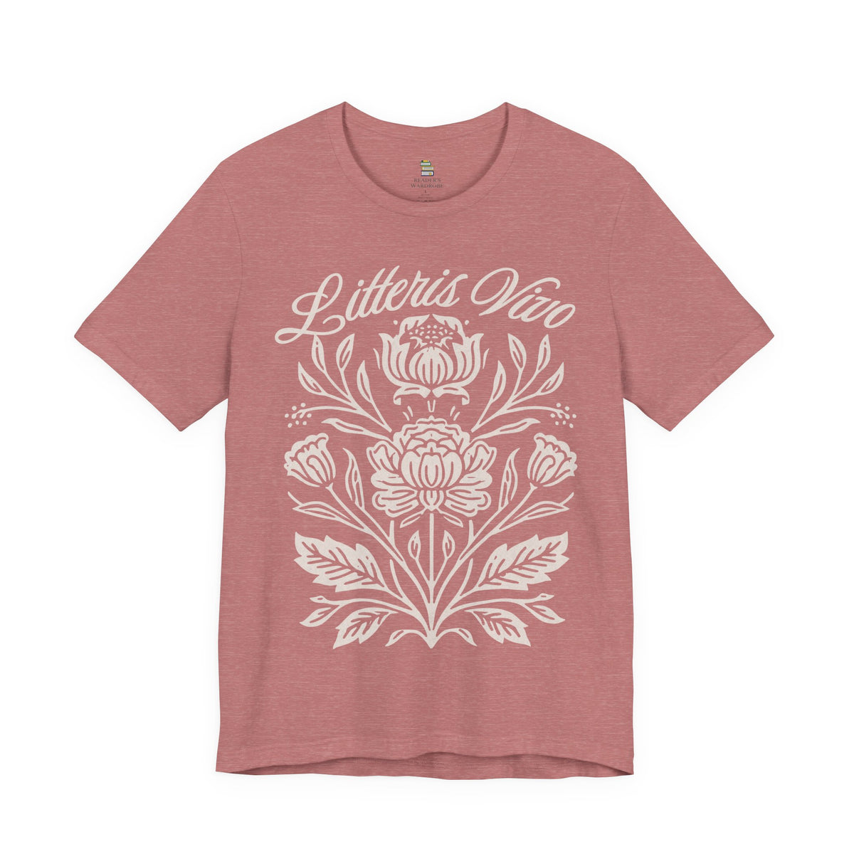 Heather mauve Litteris Vivo literary shirt shown from the front with delicate ivory wildflowers and flowing script