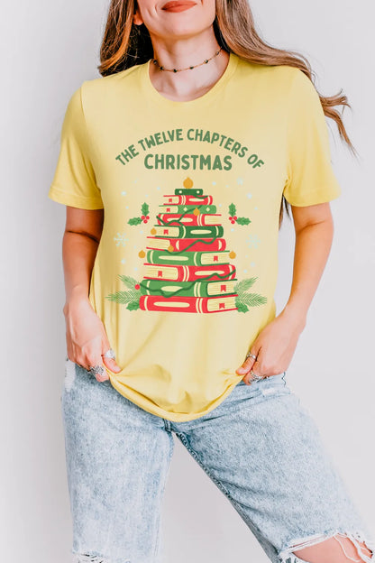 Woman wearing yellow Holiday vintage  t-shirt with red and green stacked books
