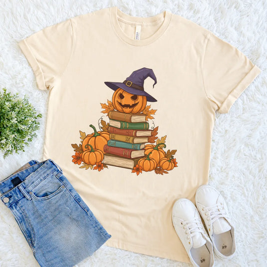 Cozy cream autumn pumpkin and books graphic shirt