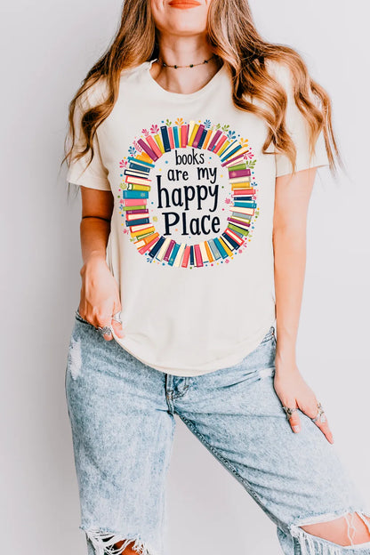 woman wearing cream T-shirt with colorful book wreath and quote “Books Are My Happy Place”