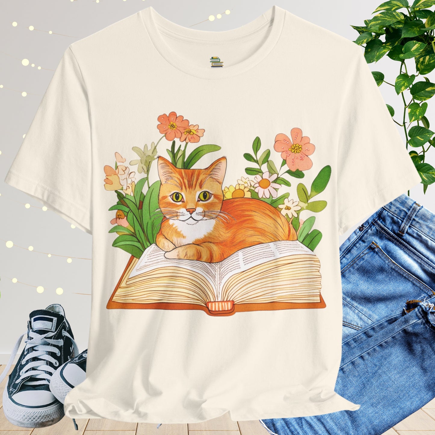 Red Bookish Cat In Flowers Unisex T-shirt