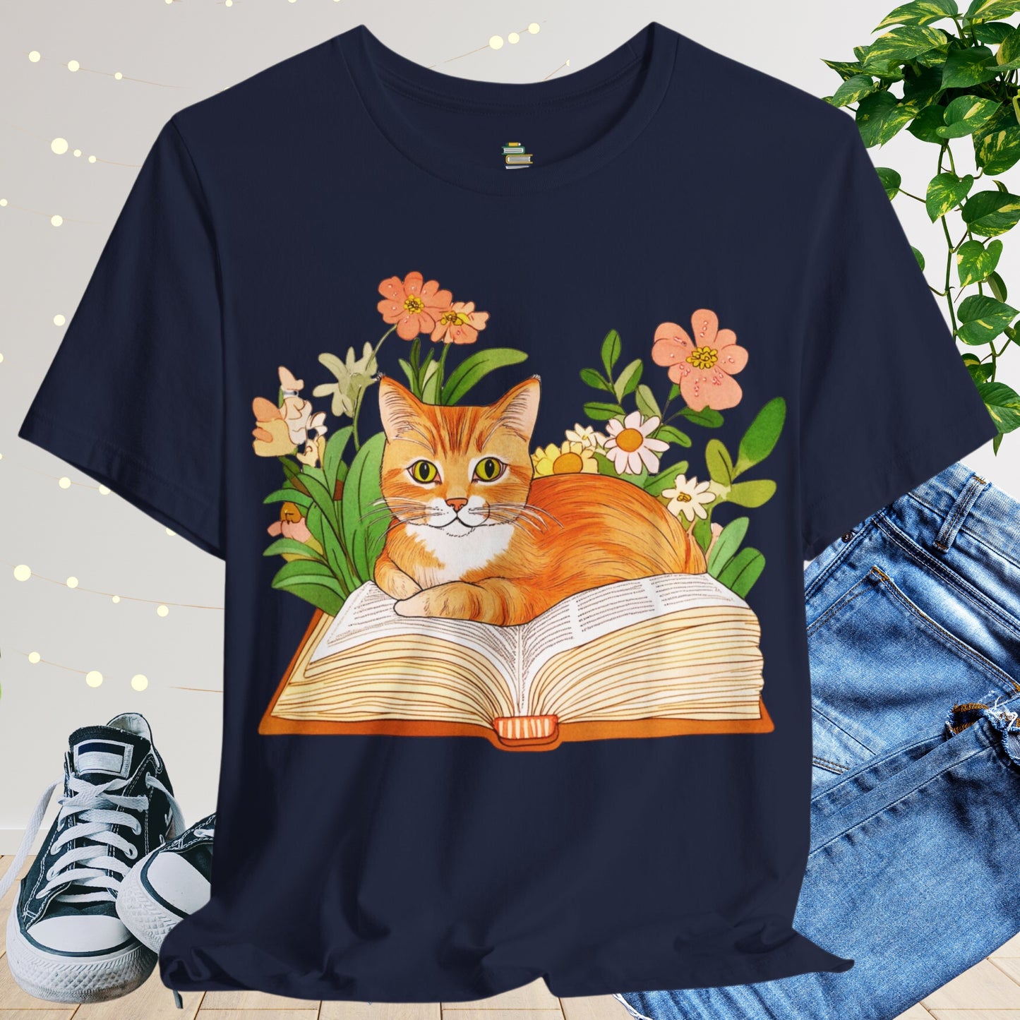 Red Bookish Cat In Flowers Unisex T-shirt