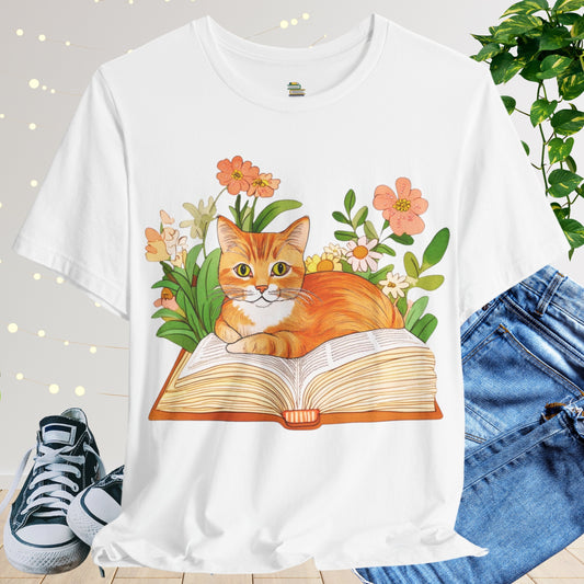 Red Bookish Cat In Flowers Unisex T-shirt