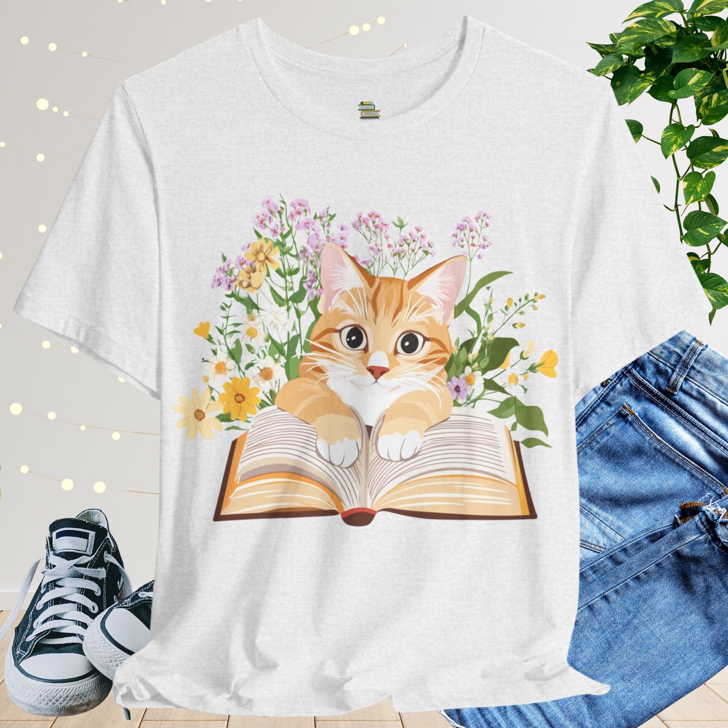 Cute Bookish Cat In Flowers Unisex T-shirt