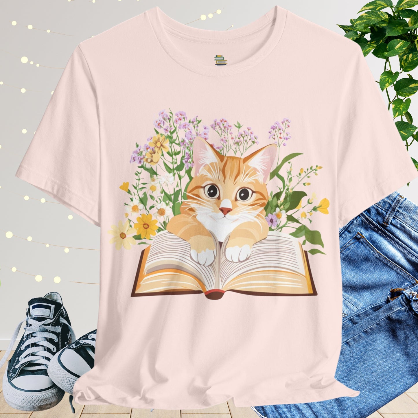 Cute Bookish Cat In Flowers Unisex T-shirt