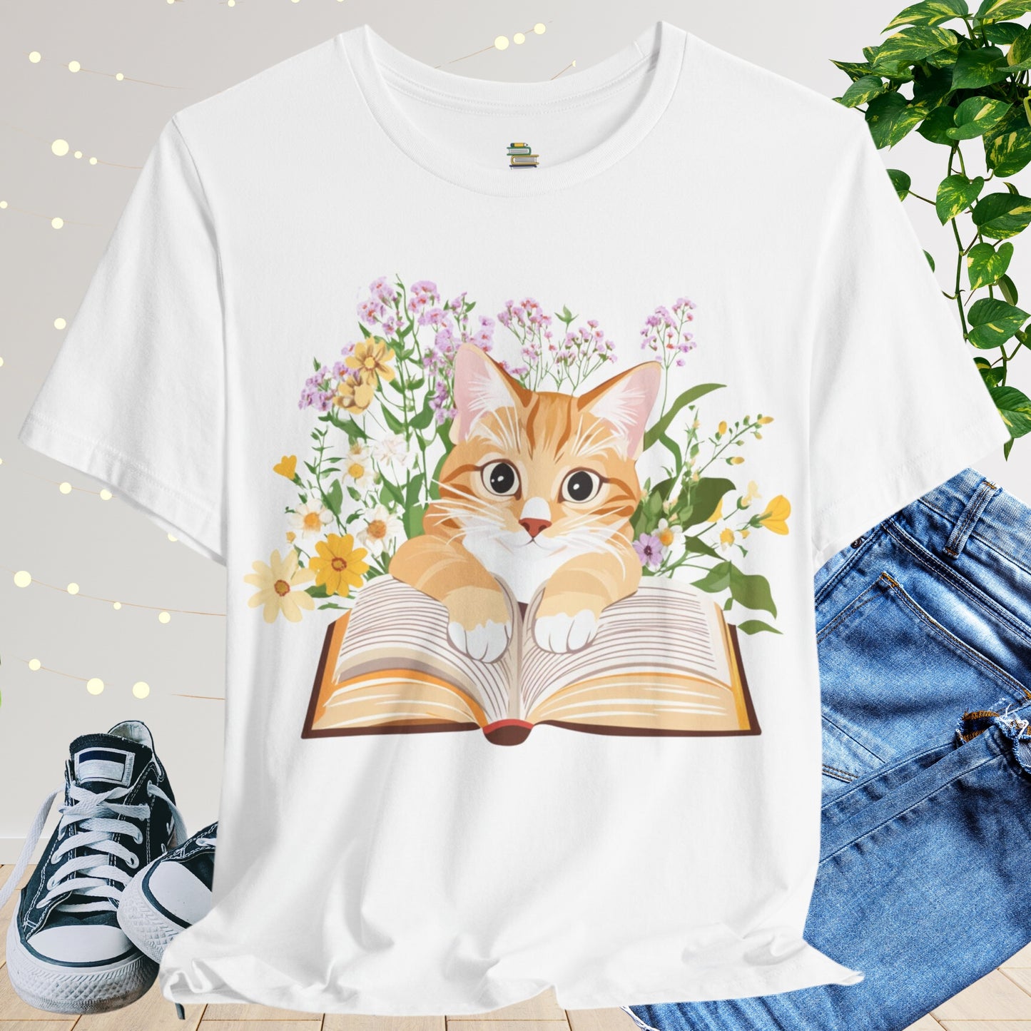 Cute Bookish Cat In Flowers Unisex T-shirt