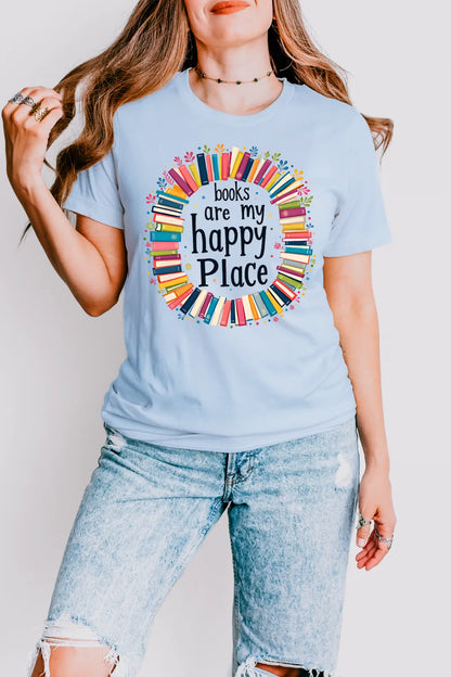 Wonam wearing light blue “Books Are My Happy Place” tee in soft cotton