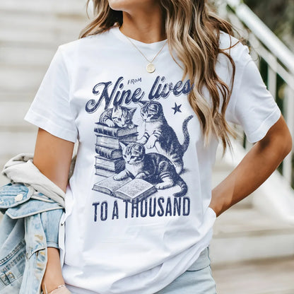 whimsical literary t-shirt with cats and books
