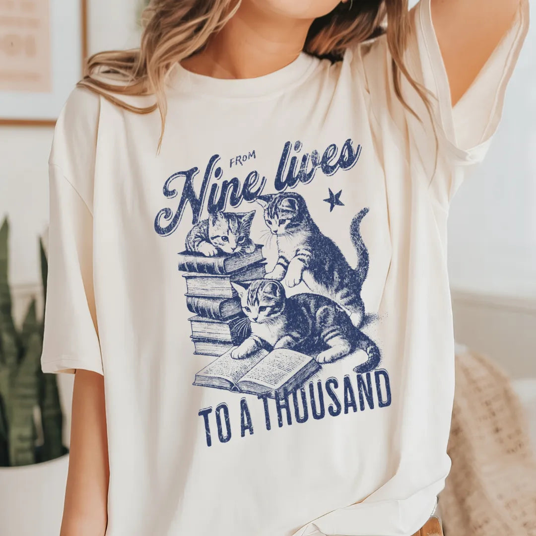 nine lives cat reading shirt for book lovers