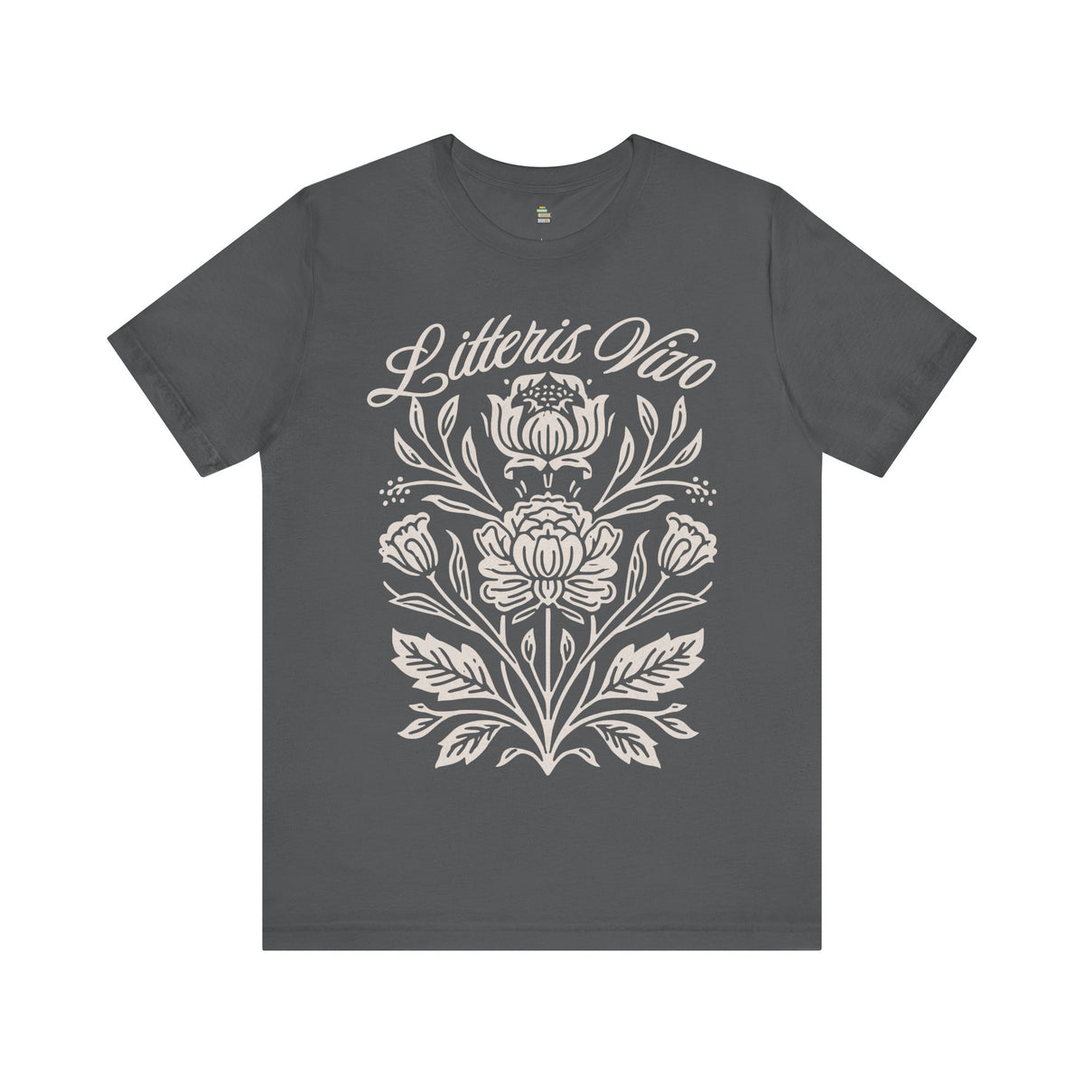 Front view of an asphalt Litteris Vivo Latin botanical T-shirt with an ivory floral print on a clean white background