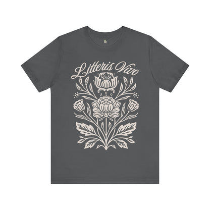 Front view of an asphalt Litteris Vivo Latin botanical T-shirt with an ivory floral print on a clean white background