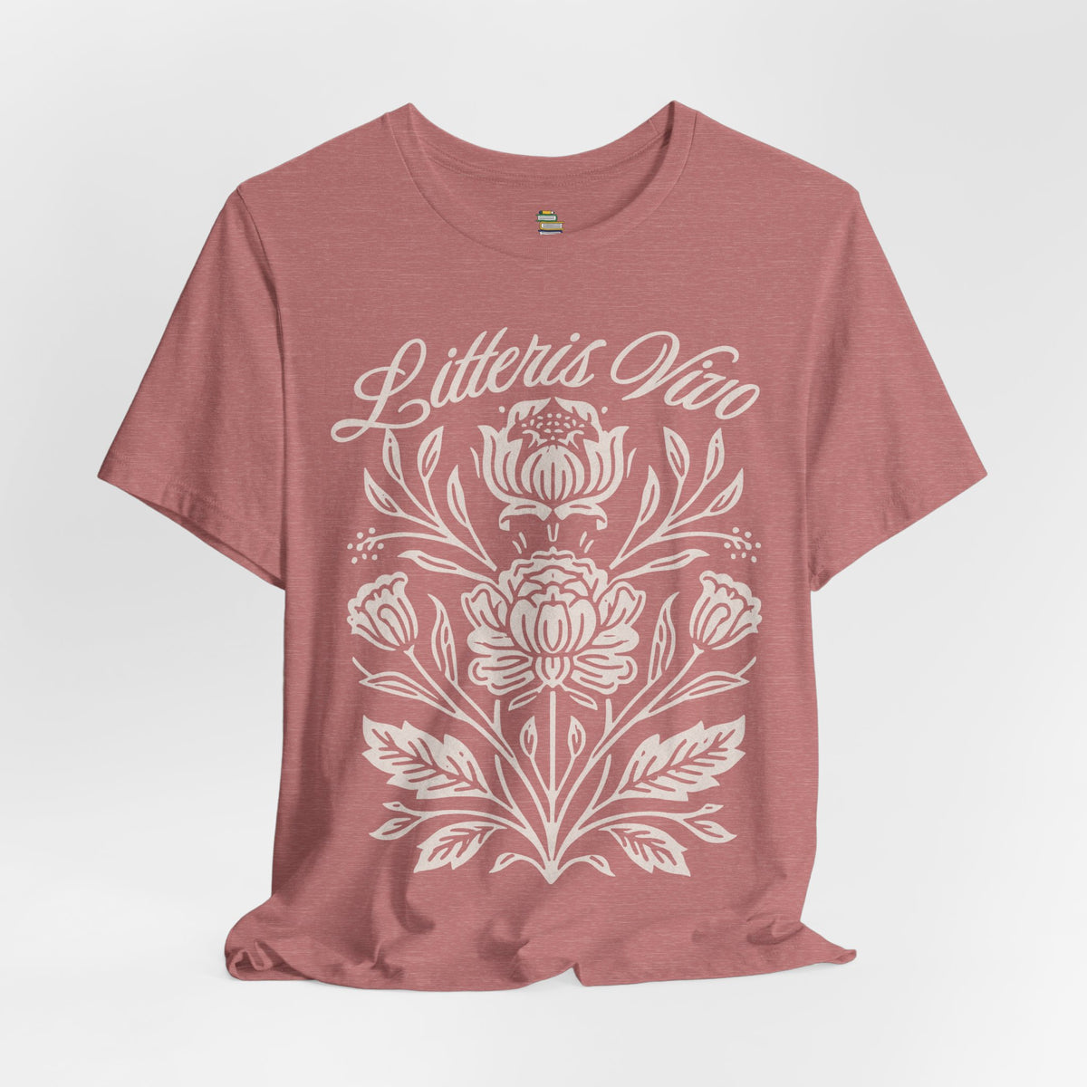 Draped heather mauve botanical reading shirt with the full Litteris Vivo floral design displayed against a pale studio backdrop