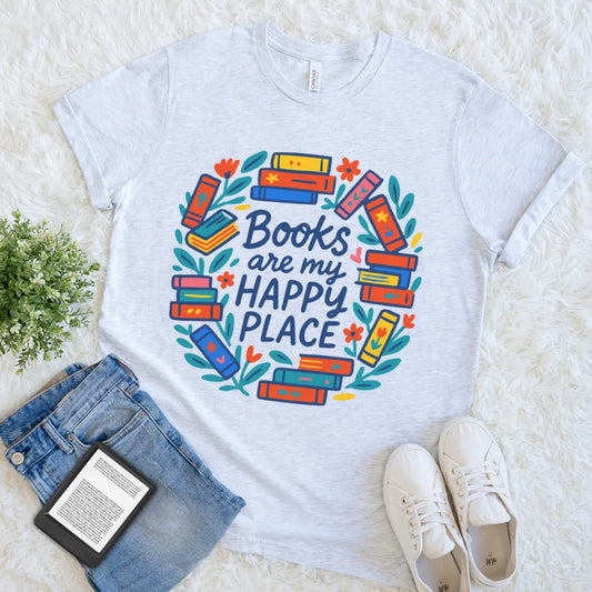 Bright grey book-themed shirt with hand-drawn floral design