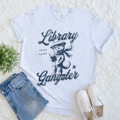 Vintage  “Library Gangster” literary t-shirt with stylish feline in ash grey
