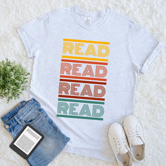 vintage book lover tee with rainbow stripes