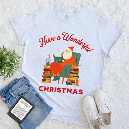 Christmas reader t shirt with a warm festive reading  Santa scene