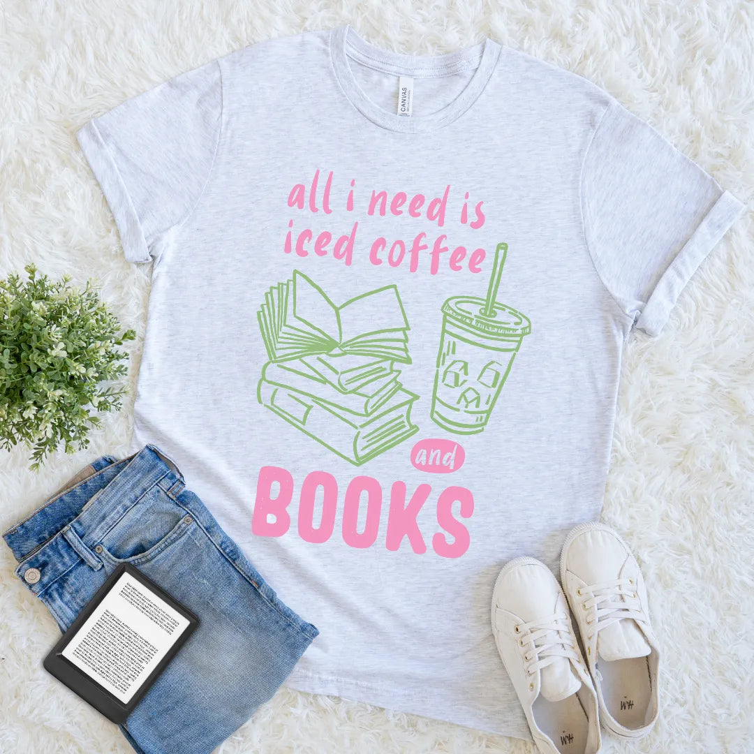 iced coffee and books t-shirt in hand-drawn pastel colors