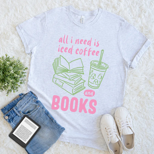 iced coffee and books t-shirt in hand-drawn pastel colors