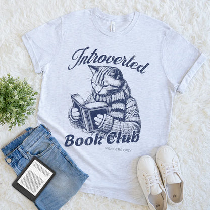 Ash grey T-shirt with vintage cat reading a book and “Introverted Book Club” quote
