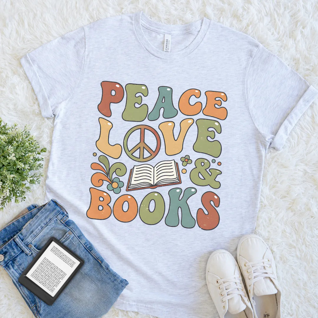 Retro-style reader tee with peace sign and open book 