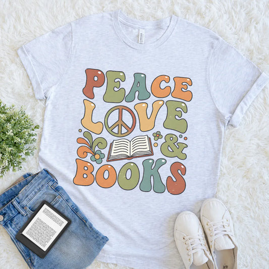 Retro-style reader tee with peace sign and open book 