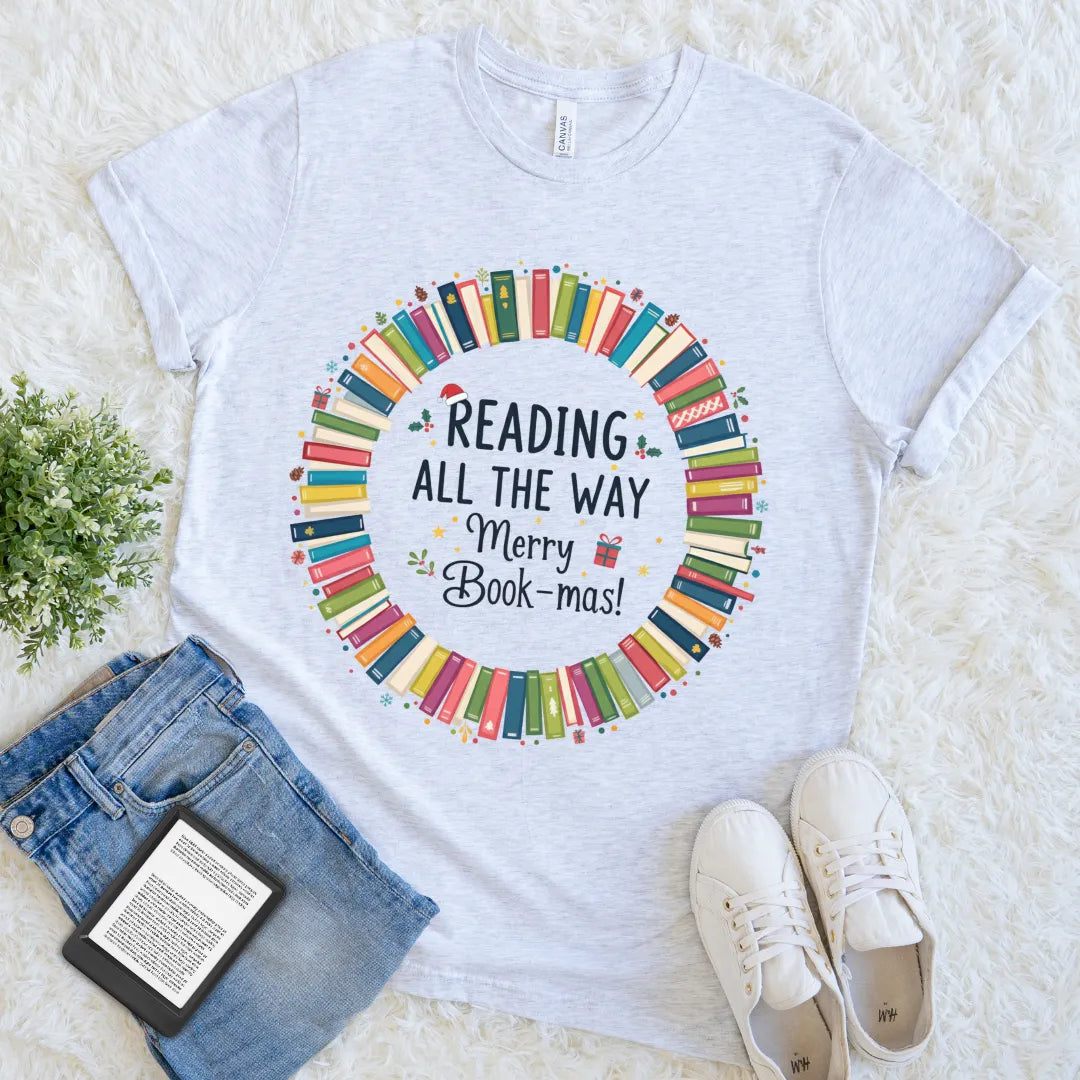 Holiday reader tee featuring a rainbow wreath made of books