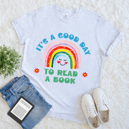 grey colorful book lover T-shirt with happy rainbow face, gift for librarian