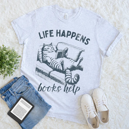 flat lay light grey t-shirt with vintage-style design and  relaxed reading cat  vibe 