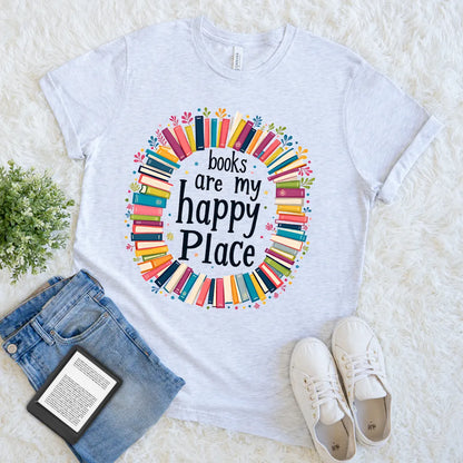 “Books Are My Happy Place” tee in soft ash grey  cotton