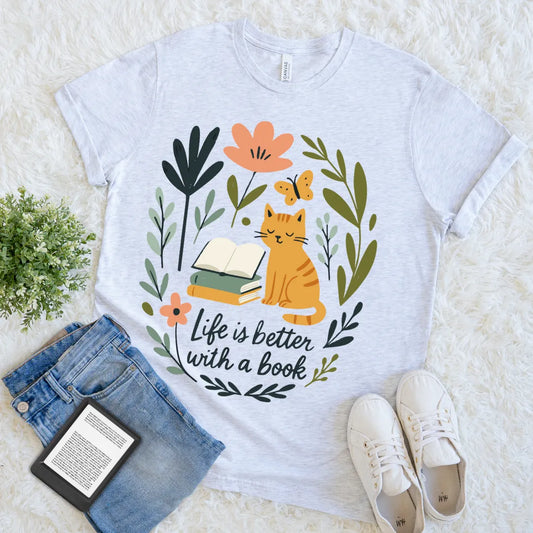 life is better with a book shirt – cottagecore style with cat