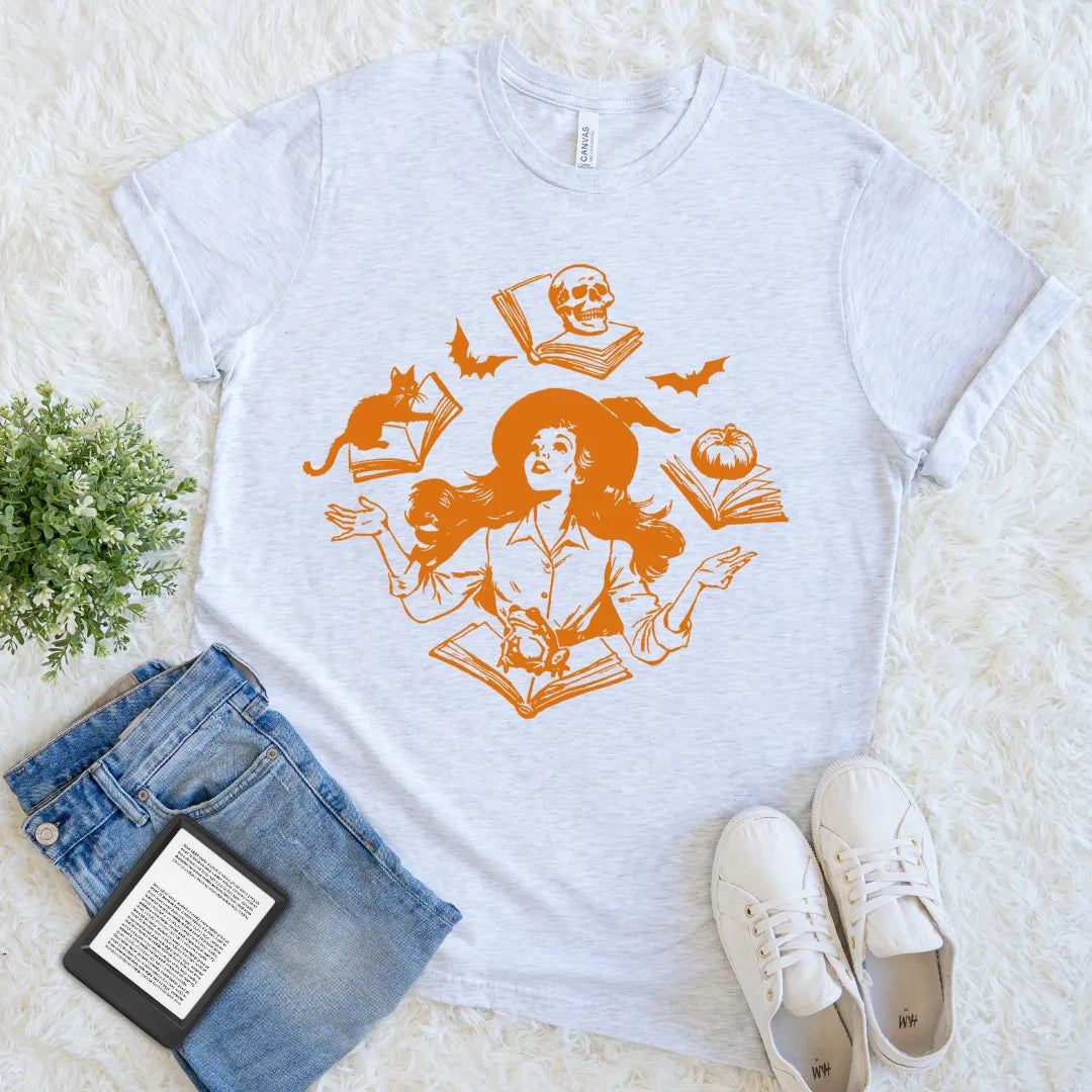 halloween themed book lover shirt with cat and witch