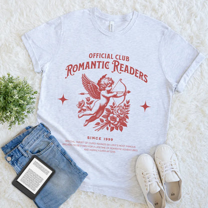 romance reader shirt with cherub and “Romantic Readers” text