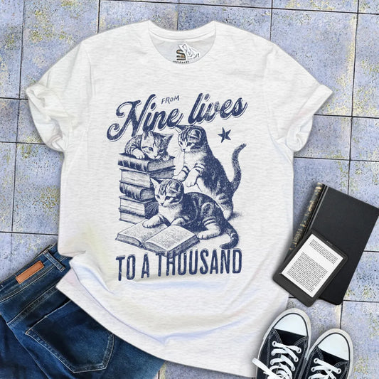 nine lives cat reading shirt for book lovers