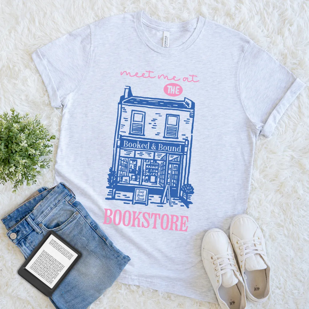 aesthetic bookstore tee with blue and pink shop hand-drawn design