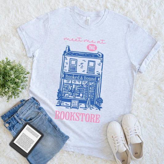 aesthetic bookstore tee with blue and pink shop hand-drawn design
