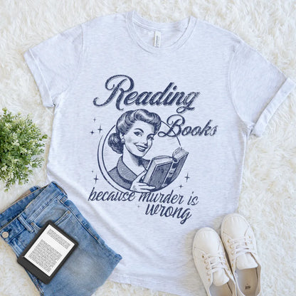 flat lay Vintage t-shirt  with woman reading book and  sarcastic quote