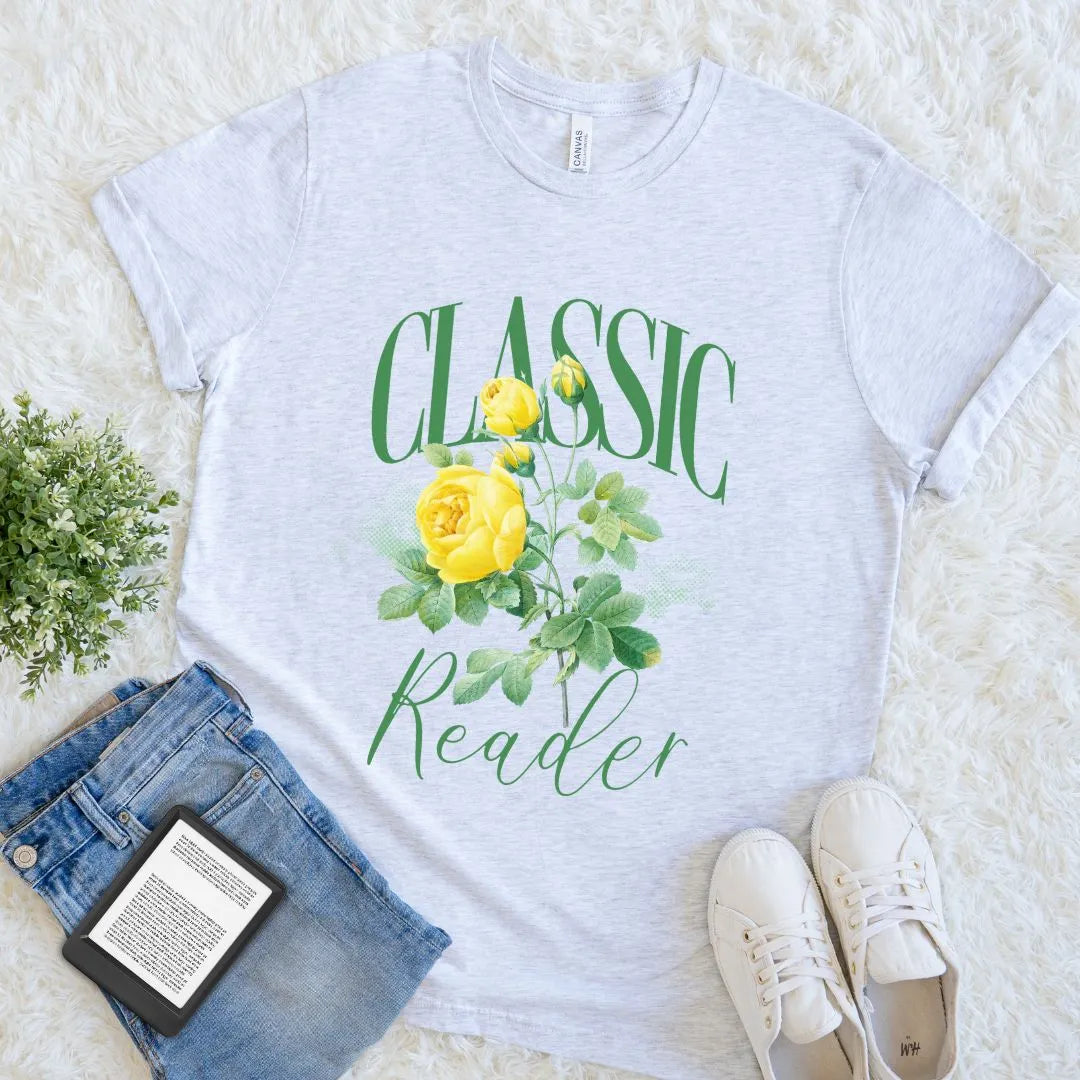 Soft cotton literary shirt with botanical rose artwork and stylish green text layout on ash grey cotton